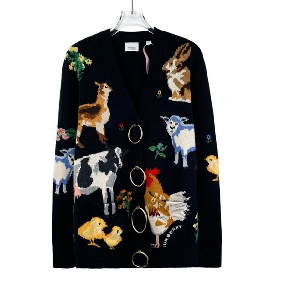DW0591 Burberry Black Animal Intarsia Wool V-neck Long Sleeve Knit Cardigan